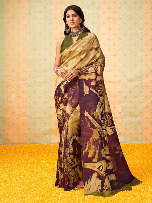 Women's Tussar Silk Beige Printed Designer Saree With Blouse Piece