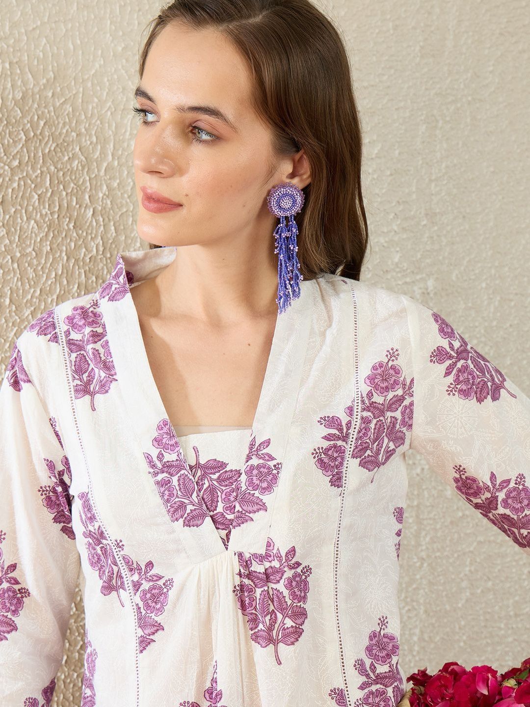 Women Floral Printed Pleated Pure Cotton Kurta with Trousers