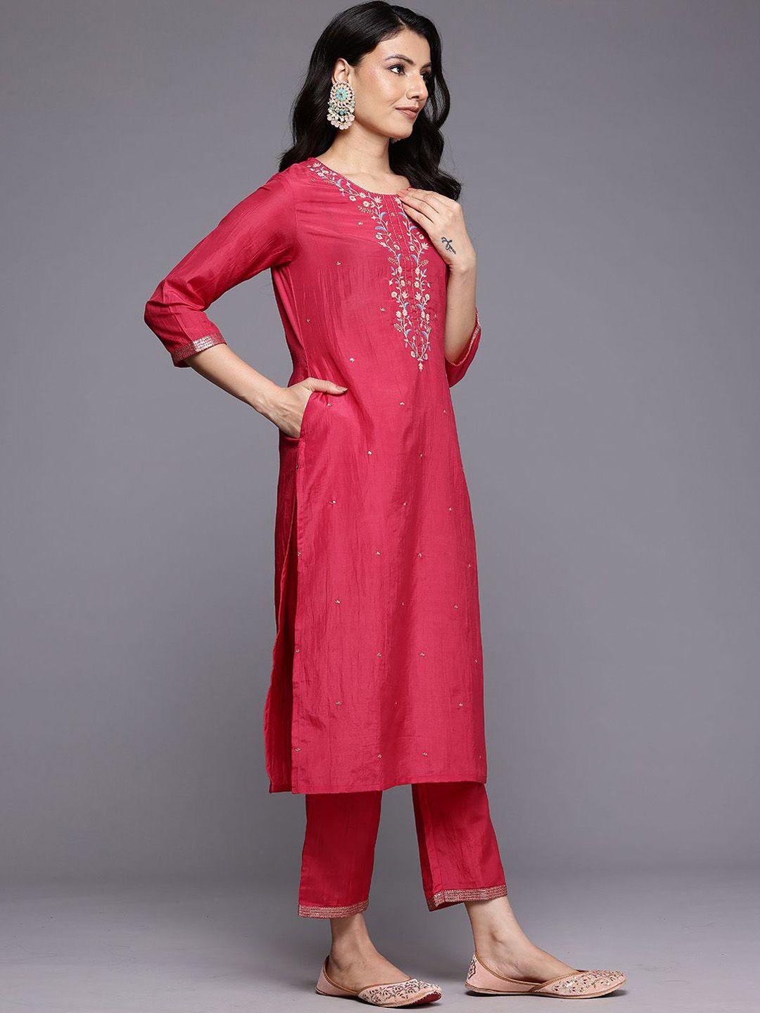 Dhiyona VA Women's Ethnic Motifs Yoke Design Thread Work Kurta with Trousers & Dupatta