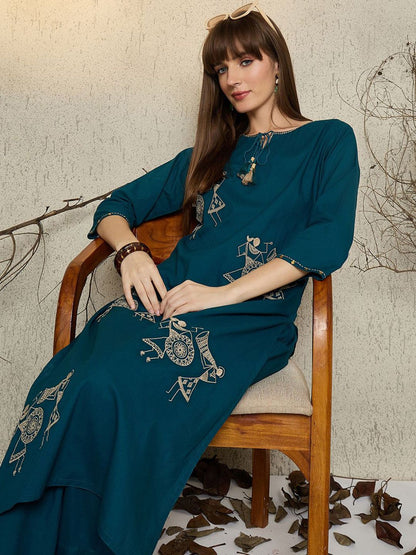 Women Printed Regular Thread Work Pure Cotton Kurta with Trousers