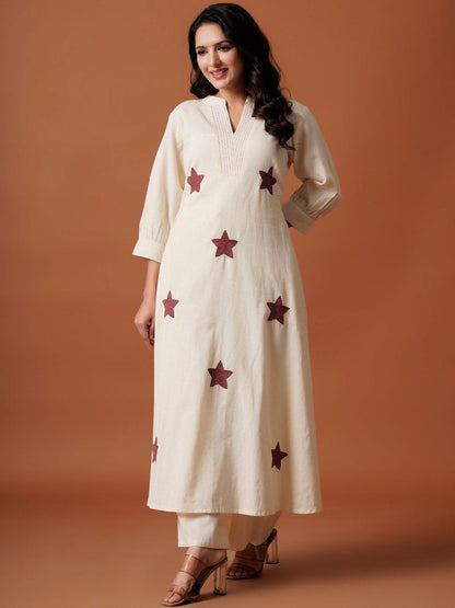 Dhiyona IE Embroidered Mandarin Collar Pure Cotton A-Line Top With Trousers