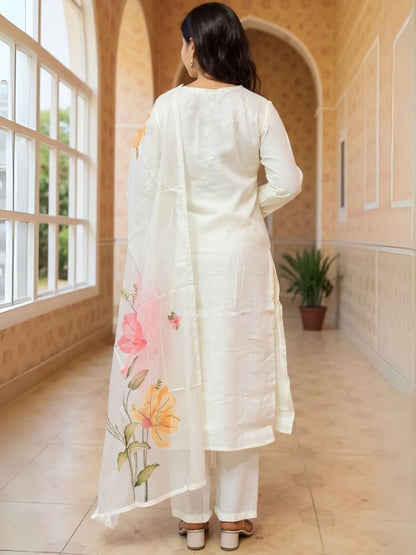 Floral Embroidered Thread Work Straight Kurta With Trousers & Dupatta