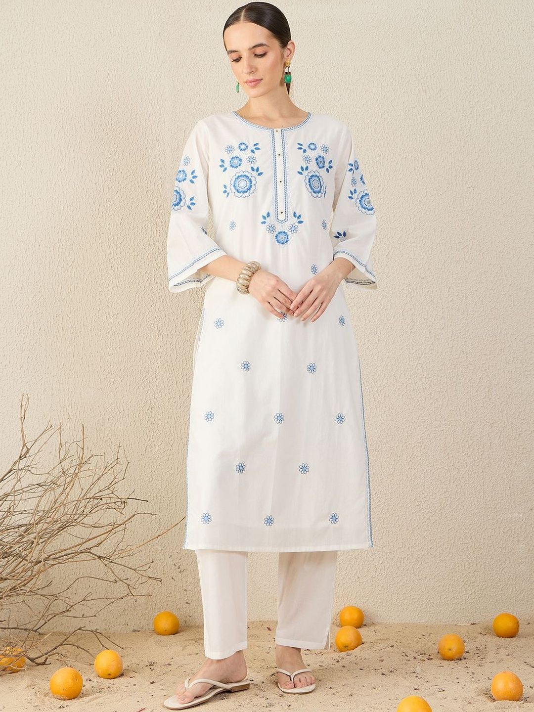 Women Ethnic Motifs Embroidered Regular Pure Cotton Kurta with Trousers & Dupatta