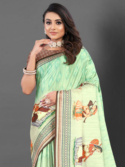 Women's Silk Blend Light Green Printed Designer Saree With Blouse Piece