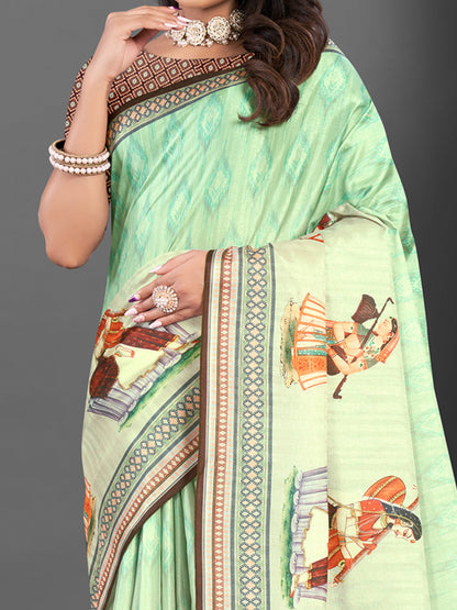 Women's Silk Blend Light Green Printed Designer Saree With Blouse Piece