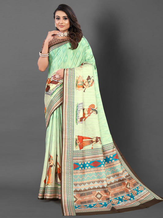 Women's Silk Blend Light Green Printed Designer Saree With Blouse Piece