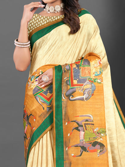 Women's Silk Blend Cream Printed Designer Saree With Blouse Piece