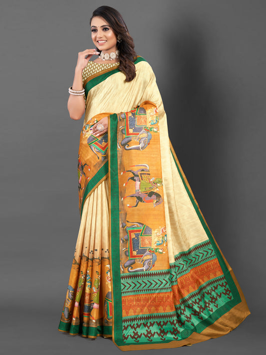 Women's Silk Blend Cream Printed Designer Saree With Blouse Piece