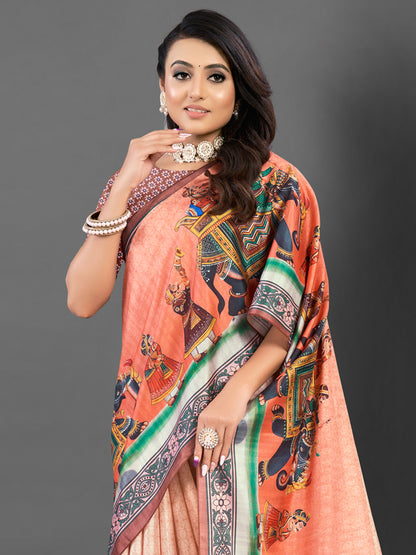 Women's Silk Blend Peach Printed Designer Saree With Blouse Piece