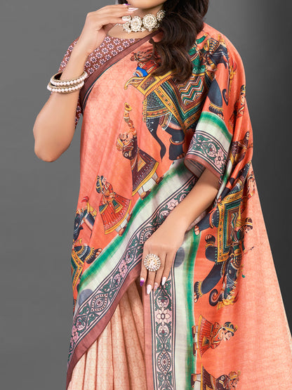 Women's Silk Blend Peach Printed Designer Saree With Blouse Piece