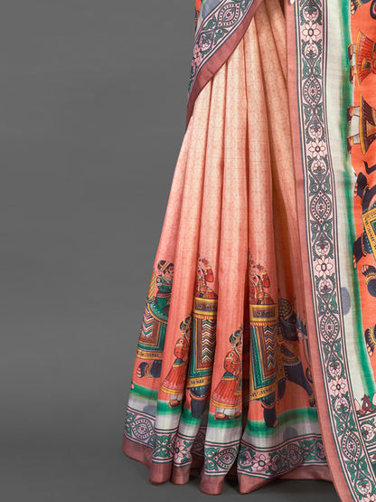 Women's Silk Blend Peach Printed Designer Saree With Blouse Piece