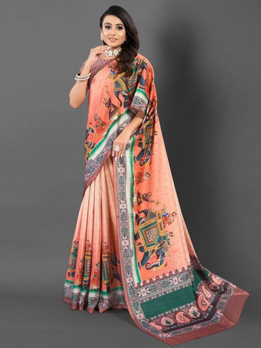 Women's Silk Blend Peach Printed Designer Saree With Blouse Piece
