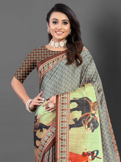 Women's Silk Blend Grey Printed Designer Saree With Blouse Piece