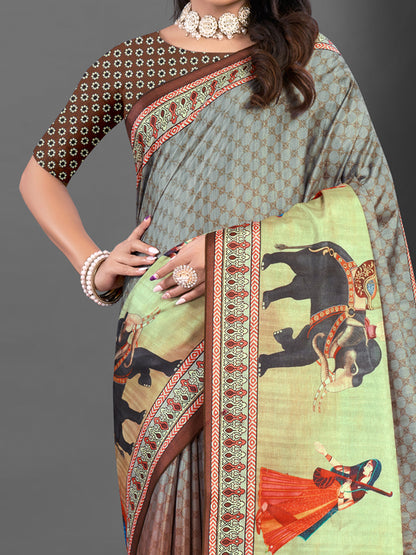 Women's Silk Blend Grey Printed Designer Saree With Blouse Piece