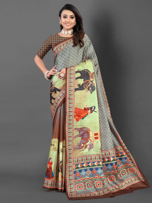 Women's Silk Blend Grey Printed Designer Saree With Blouse Piece