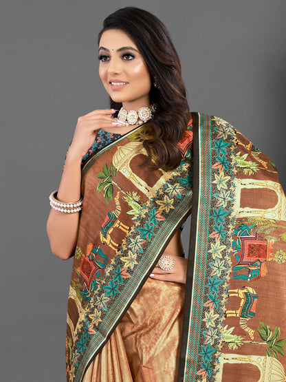 Women's Silk Blend Brown Printed Designer Saree With Blouse Piece