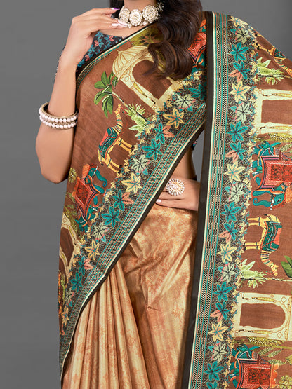 Women's Silk Blend Brown Printed Designer Saree With Blouse Piece