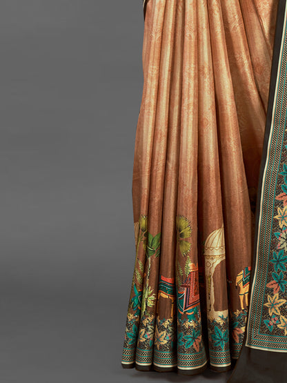 Women's Silk Blend Brown Printed Designer Saree With Blouse Piece