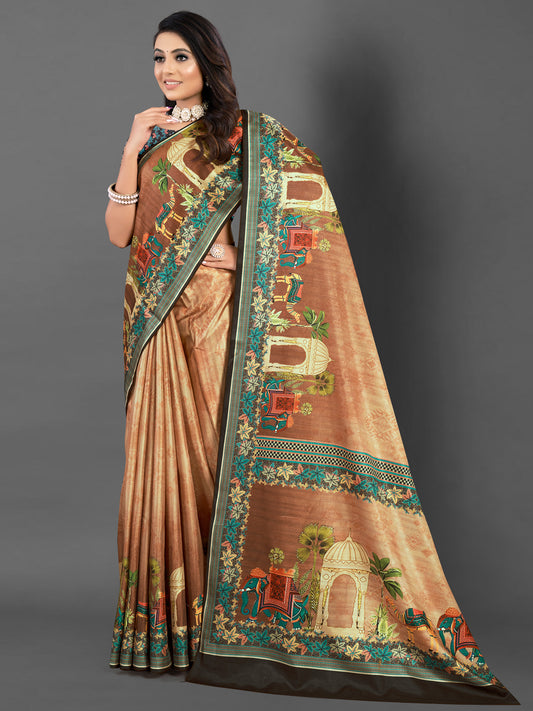 Women's Silk Blend Brown Printed Designer Saree With Blouse Piece