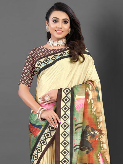 Women's Silk Blend Beige Printed Designer Saree With Blouse Piece