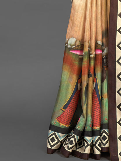 Women's Silk Blend Beige Printed Designer Saree With Blouse Piece