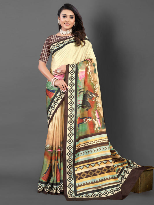 Women's Silk Blend Beige Printed Designer Saree With Blouse Piece