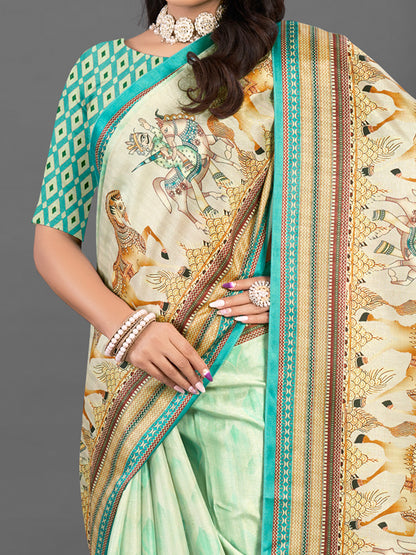 Women's Silk Blend Beige Printed Designer Saree With Blouse Piece