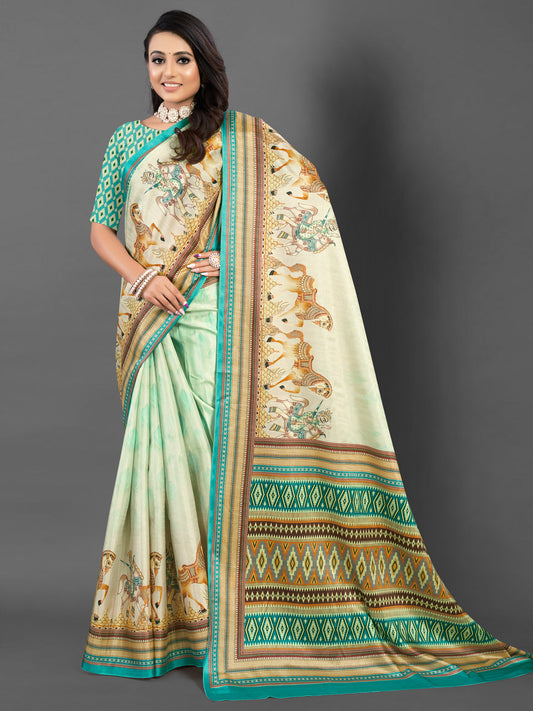 Women's Silk Blend Beige Printed Designer Saree With Blouse Piece