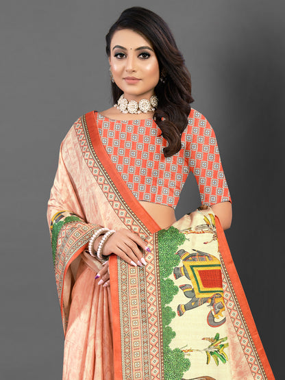 Women's Silk Blend Peach Printed Designer Saree With Blouse Piece