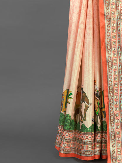 Women's Silk Blend Peach Printed Designer Saree With Blouse Piece