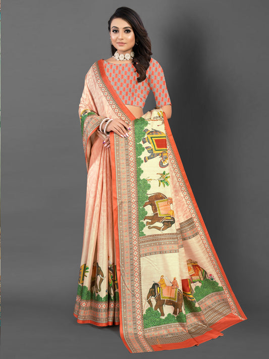 Women's Silk Blend Peach Printed Designer Saree With Blouse Piece