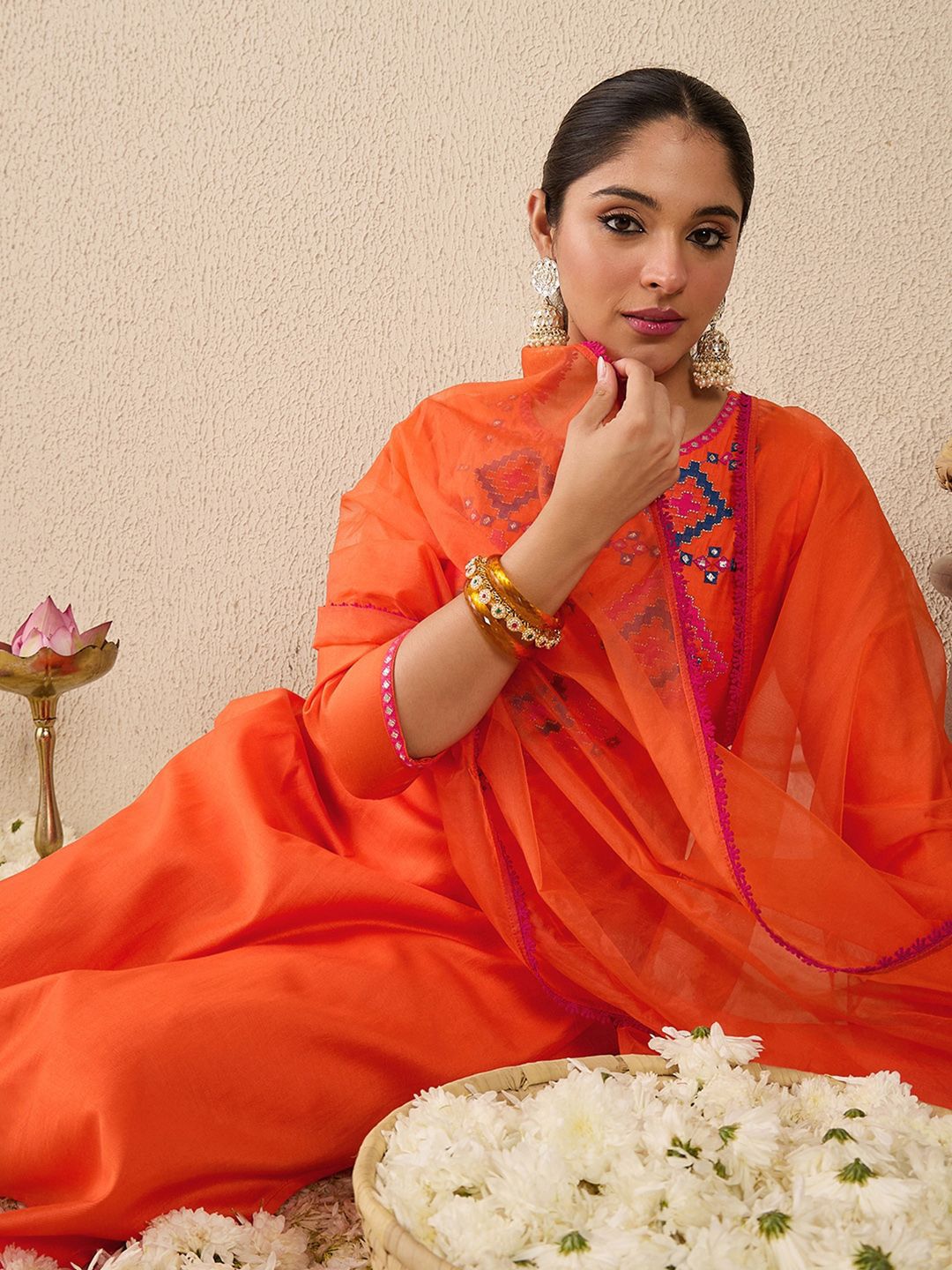 Dhiyona IE Women's Ethnic Motifs Embroidered Mirror Work Liva Straight Kurta With Trousers & Dupatta