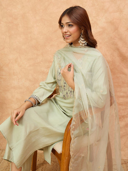 Dhiyona VA Women'sEthnic Motifs Yoke Design Thread Work Straight Kurta With Trousers & Dupatta