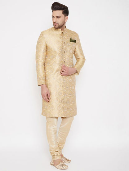 Men's Gold Silk Blend Straight Sherwani Set