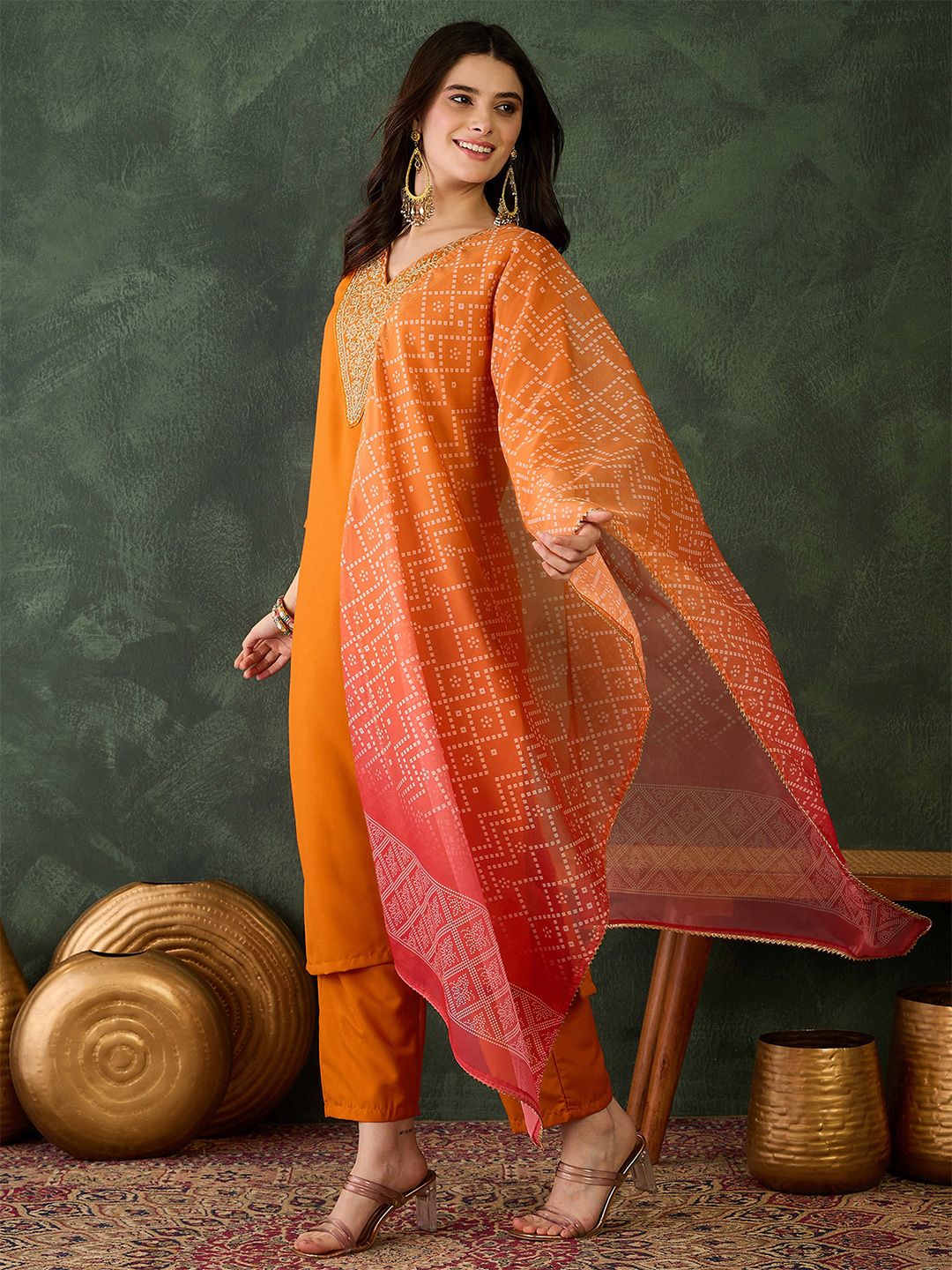 Dhiyona KL Ethnic Motifs Embroidered Round Neck Sequinned Kurta With Trousers & Dupatta