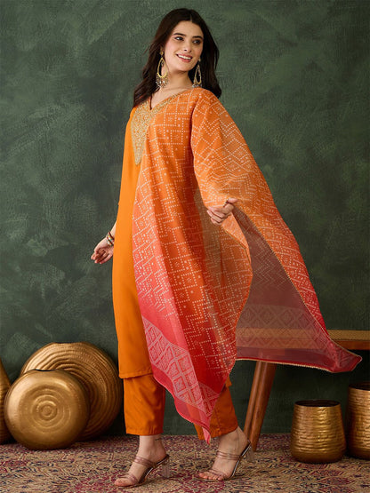 Dhiyona KL Ethnic Motifs Embroidered Round Neck Sequinned Kurta With Trousers & Dupatta