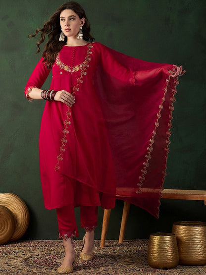 Dhiyona SN Women's Embroidered Round Neck A-Line Kurta & Trouser With Dupatta