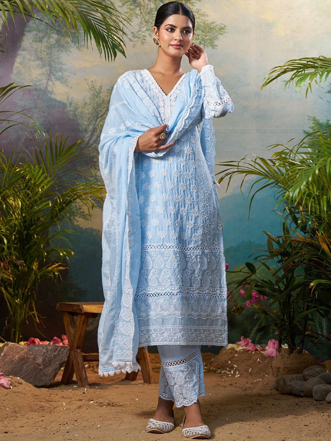 Women Ethnic Motifs Embroidered Regular Chikankari Pure Cotton Kurta with Trousers & With Dupatta