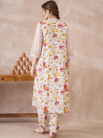 Women Floral Printed Empire Pure Cotton Kurta with Trousers