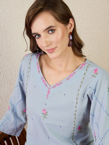 Dhiyona IE Embroidered Cotton V Neck Top With Trousers Co-Ords