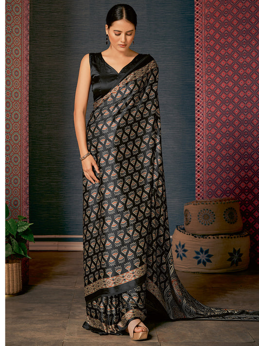 Women's Crepe Black Digital Print Designer Saree With Blouse Piece