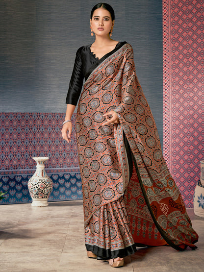 Women's Crepe Brown Digital Print Designer Saree With Blouse Piece