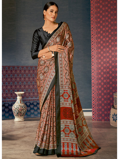 Women's Crepe Brown Digital Print Designer Saree With Blouse Piece