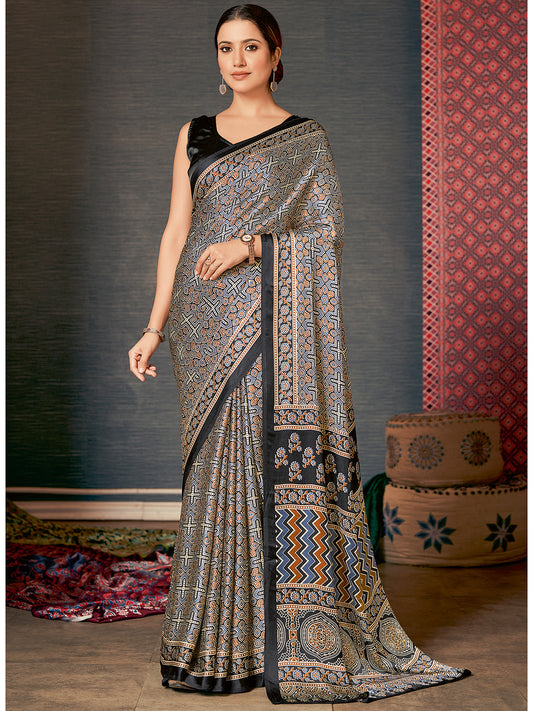 Women's Crepe Grey Digital Print Designer Saree With Blouse Piece