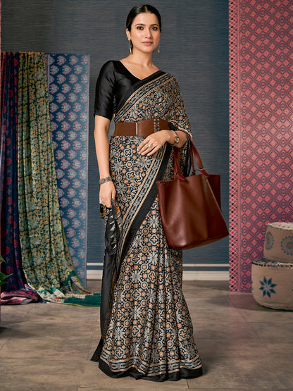 Women's Crepe Black Digital Print Designer Saree With Blouse Piece