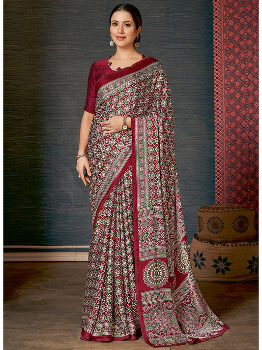 Women's Crepe Maroon Digital Print Designer Saree With Blouse Piece
