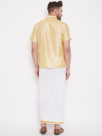 Men's Gold Silk Blend Straight Shirt And Mundu