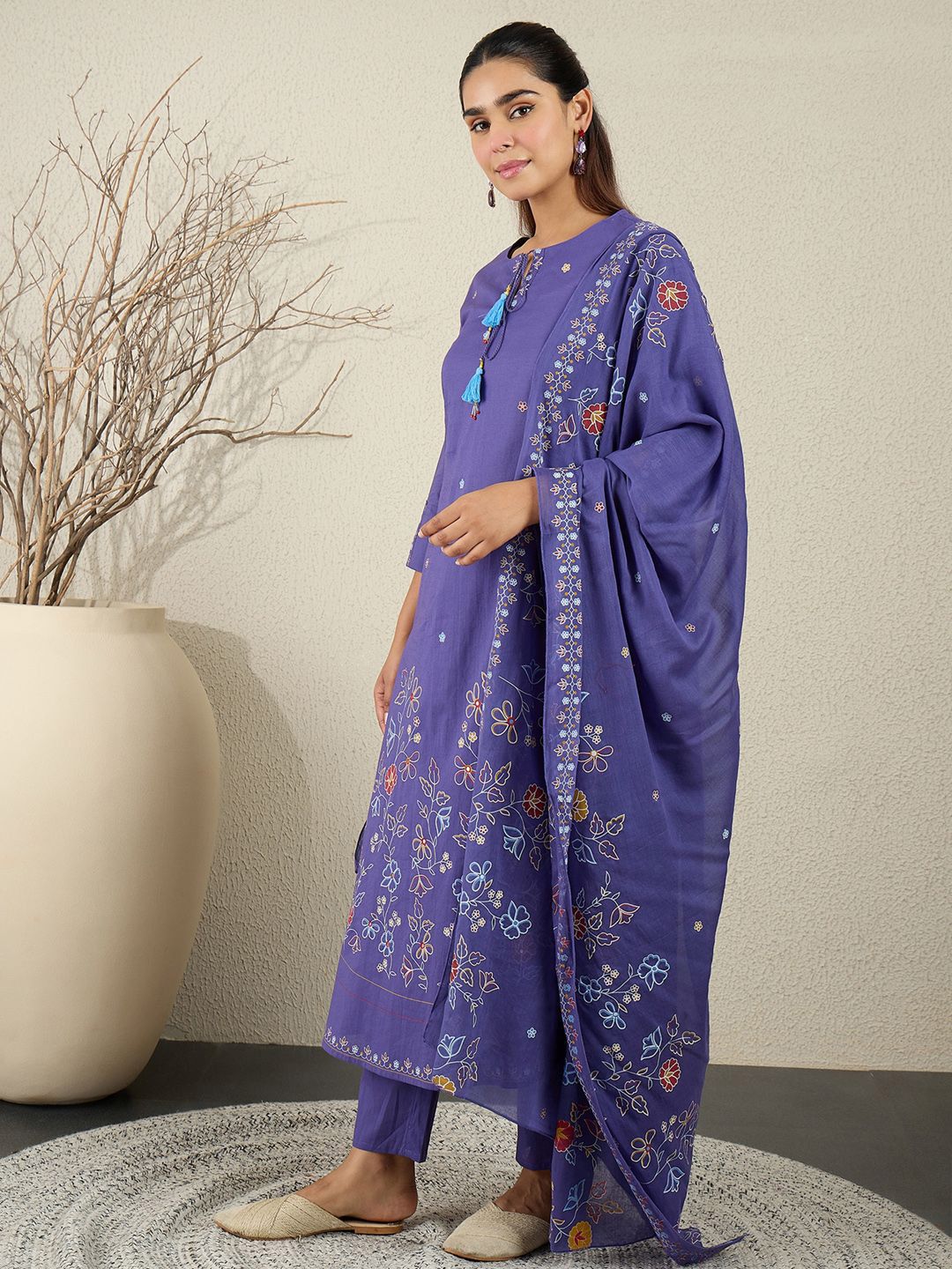 Women Floral Printed Cotton Kurta with Trousers & Dupatta