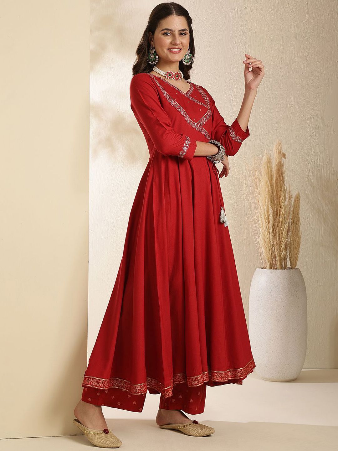 Dhiyona SN Women's Embroidered V-Neck Anarkali Kurta With Trouser & Dupatta