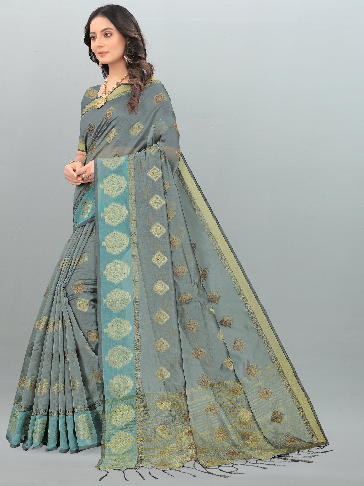 Dhiyona GR Women's Aksaya Stone Grey Organza Saree